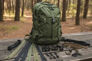A collection of premium backpack hardware including YKK zippers and Fidlock buckles