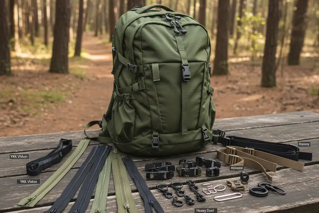 A collection of premium backpack hardware including YKK zippers and Fidlock buckles